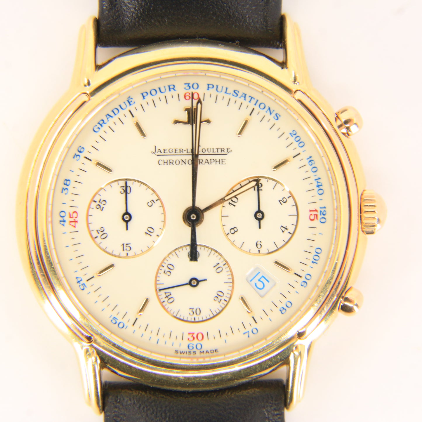 Vintage 18ct Jaeger LeCoultre Yellow Gold Quartz Chronograph Watch Leather Strap