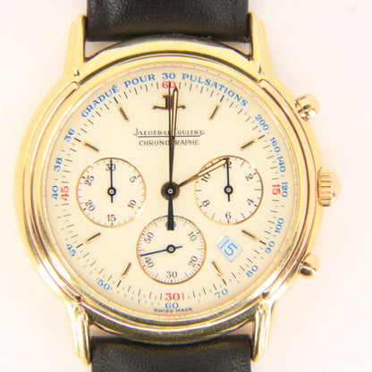 Vintage 18ct Jaeger LeCoultre Yellow Gold Quartz Chronograph Watch Leather Strap