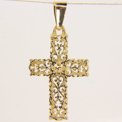 Vintage 18K Yellow Gold Ornate Cross Pendant Charm Christian Fine Jewellery Gift
