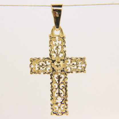 Vintage 18K Yellow Gold Ornate Cross Pendant Charm Christian Fine Jewellery Gift
