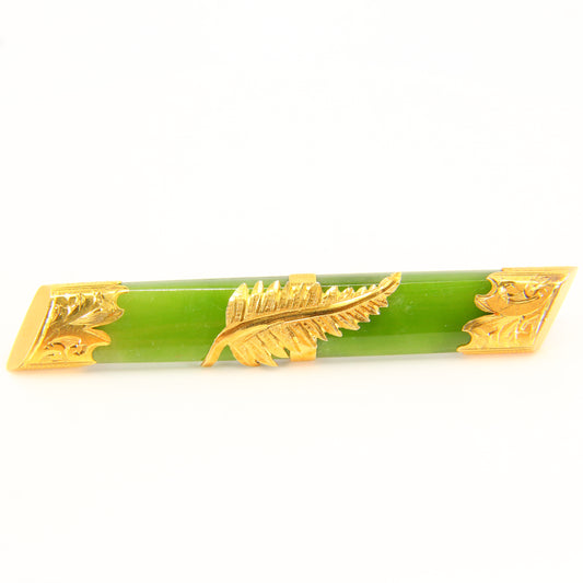 Vintage 9ct Jade Bar Brooch New Zealand Pounamu Yellow Gold NZ Gold Leaf Brooch