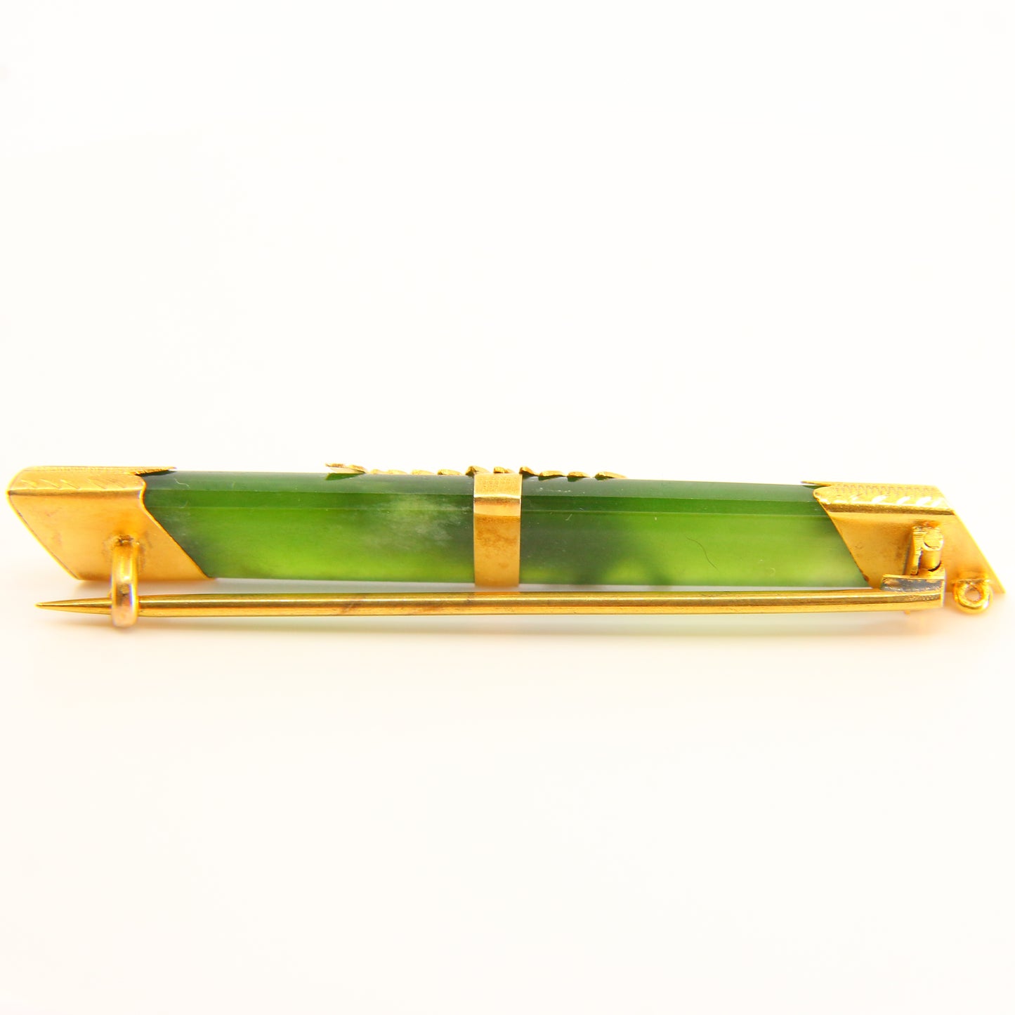 Vintage 9ct Jade Bar Brooch New Zealand Pounamu Yellow Gold NZ Gold Leaf Brooch