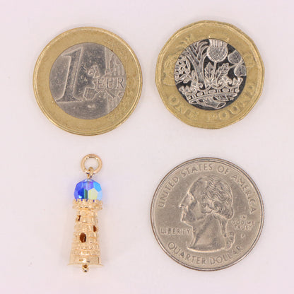 Vintage 9ct Hallmarked Gold Lighthouse Blue Glass Beacon Nautical Charm Pendant