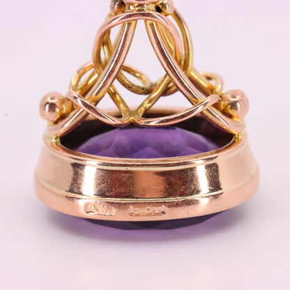 Antique 9ct Yellow Gold Faceted Amethyst Drop Fob Pendant Charm Gift