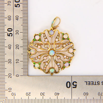 Antique 15K Opal & Emerald Pendant Brooch – Solid Yellow Gold Victorian Piece