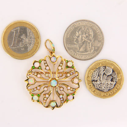 Antique 15K Opal & Emerald Pendant Brooch – Solid Yellow Gold Victorian Piece