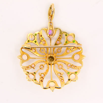 Antique 15K Opal & Emerald Pendant Brooch – Solid Yellow Gold Victorian Piece