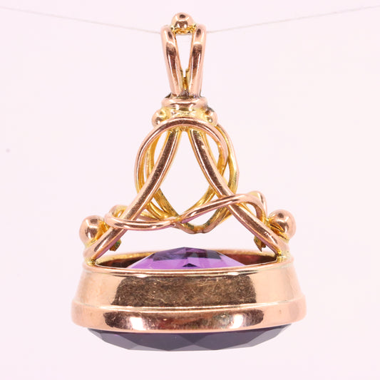 Antique 9ct Yellow Gold Faceted Amethyst Drop Fob Pendant Charm Gift