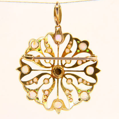 Antique 15K Opal & Emerald Pendant Brooch – Solid Yellow Gold Victorian Piece