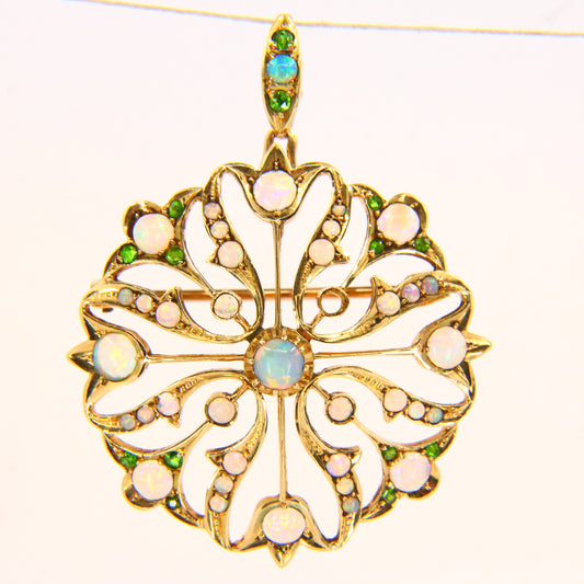 Antique 15K Opal & Emerald Pendant Brooch – Solid Yellow Gold Victorian Piece