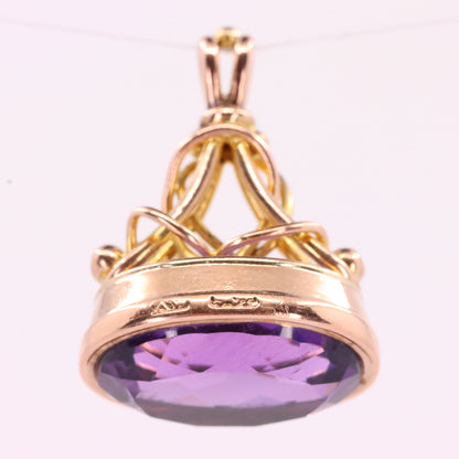Antique 9ct Yellow Gold Faceted Amethyst Drop Fob Pendant Charm Gift