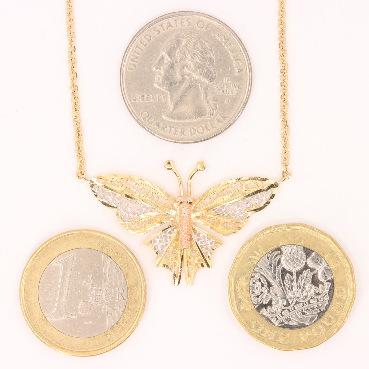 Vintage 9ct Hallmarked Tri Tone Gold Filigree Butterfly Pendant Necklace 17 Inch