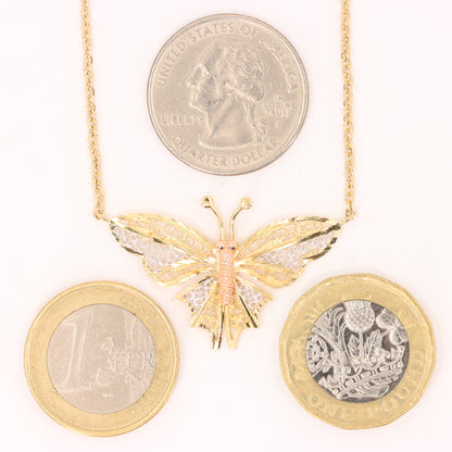 Vintage 9ct Hallmarked Tri Tone Gold Filigree Butterfly Pendant Necklace 17 Inch
