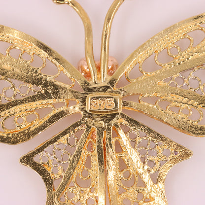 Vintage 9ct Hallmarked Tri Tone Gold Filigree Butterfly Pendant Necklace 17 Inch