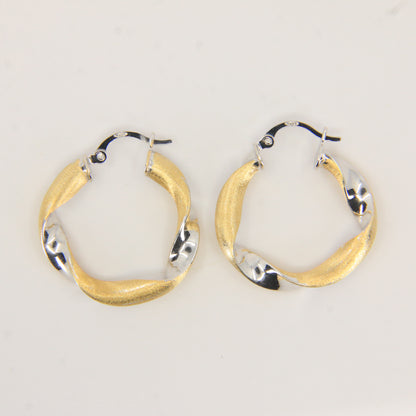 Vintage 18K Two Tone Italian Twist Hoop Earrings Textured Gold Boxed Gift