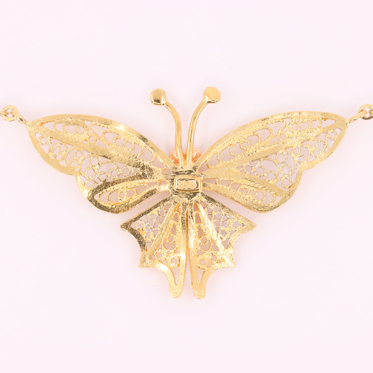 Vintage 9ct Hallmarked Tri Tone Gold Filigree Butterfly Pendant Necklace 17 Inch