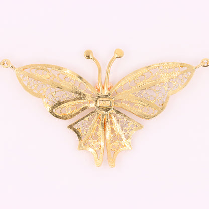 Vintage 9ct Hallmarked Tri Tone Gold Filigree Butterfly Pendant Necklace 17 Inch