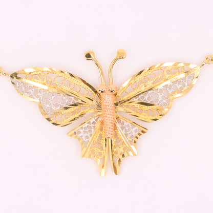 Vintage 9ct Hallmarked Tri Tone Gold Filigree Butterfly Pendant Necklace 17 Inch