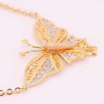 Vintage 9ct Hallmarked Tri Tone Gold Filigree Butterfly Pendant Necklace 17 Inch