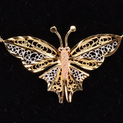 Vintage 9ct Hallmarked Tri Tone Gold Filigree Butterfly Pendant Necklace 17 Inch