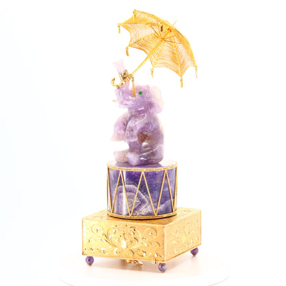 Rare Vintage 50s 18ct Gold Music Box Amethyst Elephant Holding Umbrella in 18 Carat Yellow Gold Music Box