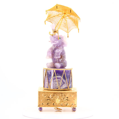 Rare Vintage 50s 18ct Gold Music Box Amethyst Elephant Holding Umbrella in 18 Carat Yellow Gold Music Box