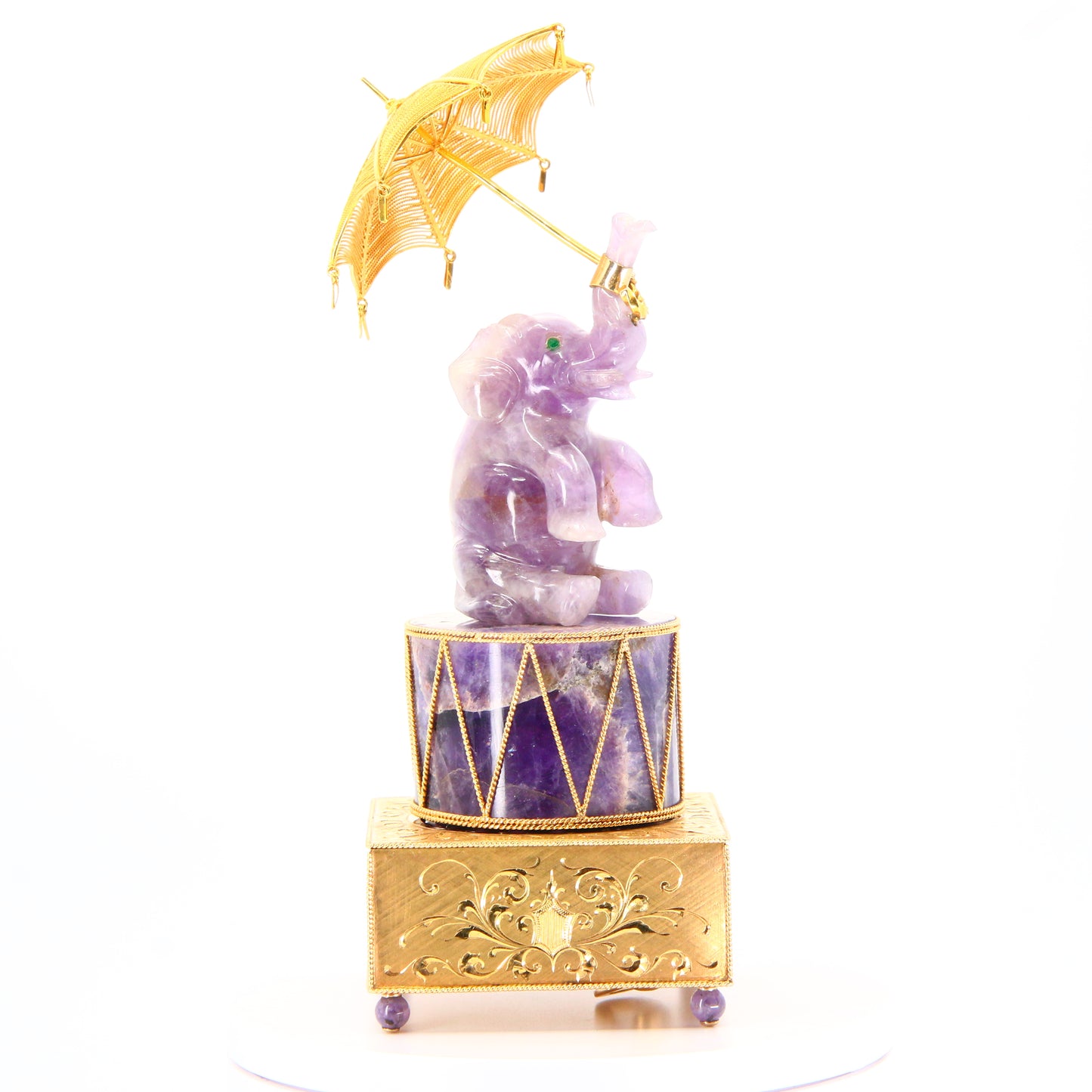 Rare Vintage 50s 18ct Gold Music Box Amethyst Elephant Holding Umbrella in 18 Carat Yellow Gold Music Box