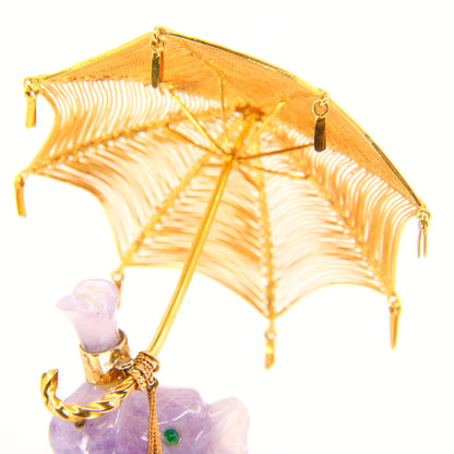 Rare Vintage 50s 18ct Gold Music Box Amethyst Elephant Holding Umbrella in 18 Carat Yellow Gold Music Box