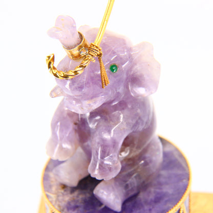 Rare Vintage 50s 18ct Gold Music Box Amethyst Elephant Holding Umbrella in 18 Carat Yellow Gold Music Box