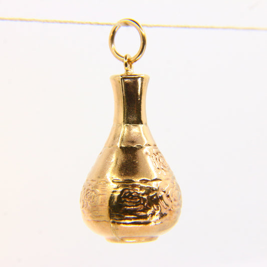 Vintage 9ct Wine Flask Charm – Floral Hallmarked Gold Pendant
