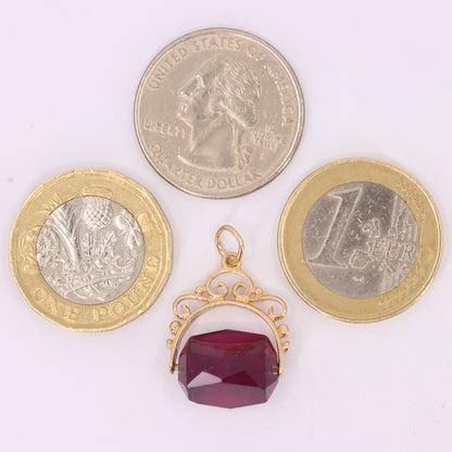 Vintage 9ct Yellow Gold Purple Glass Spinner Drop Fob Charm Pendant Gift