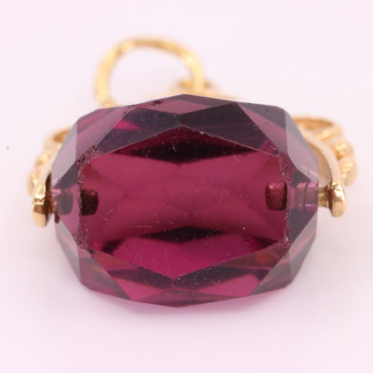 Vintage 9ct Yellow Gold Purple Glass Spinner Drop Fob Charm Pendant Gift