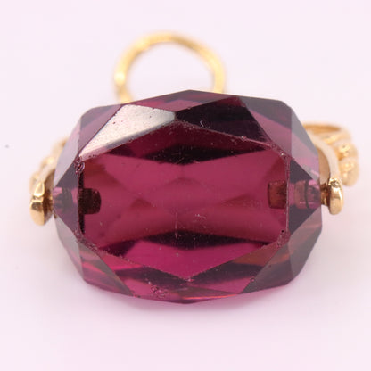 Vintage 9ct Yellow Gold Purple Glass Spinner Drop Fob Charm Pendant Gift