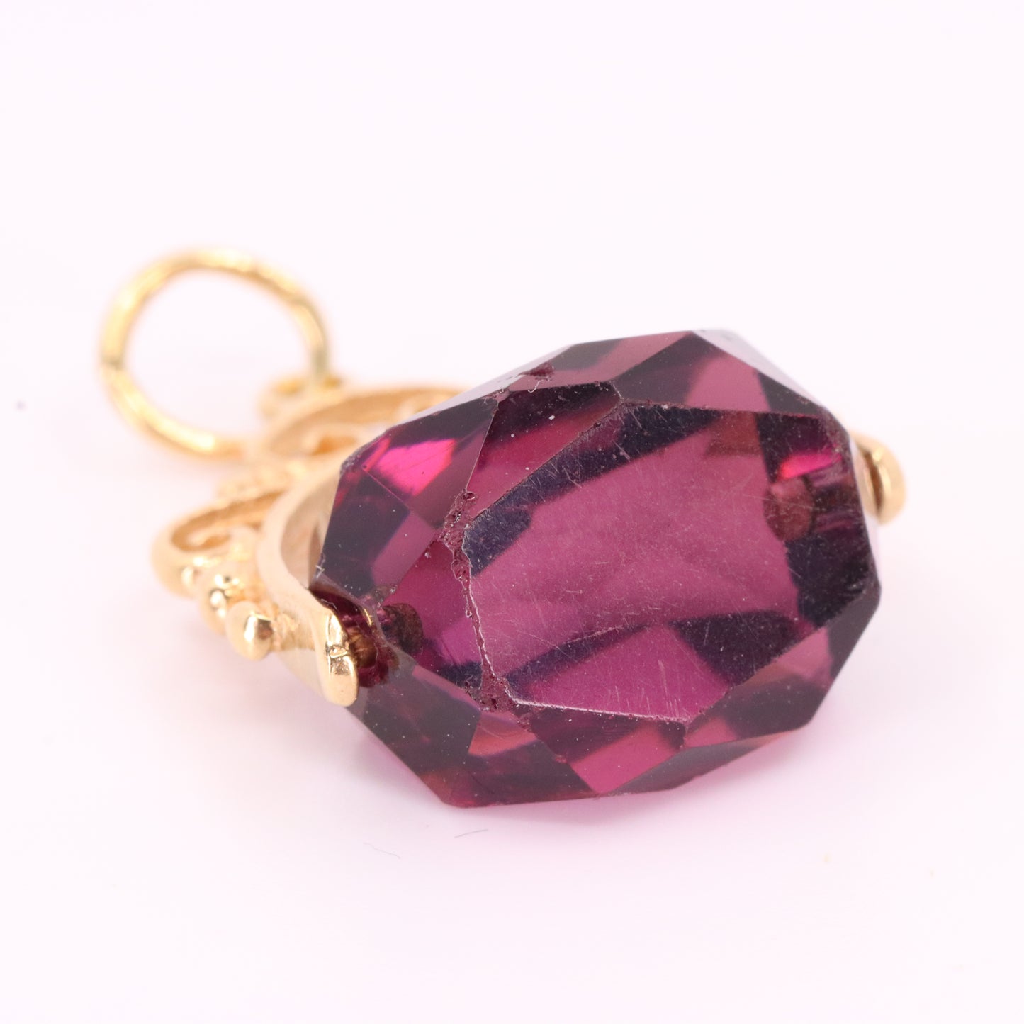 Vintage 9ct Yellow Gold Purple Glass Spinner Drop Fob Charm Pendant Gift