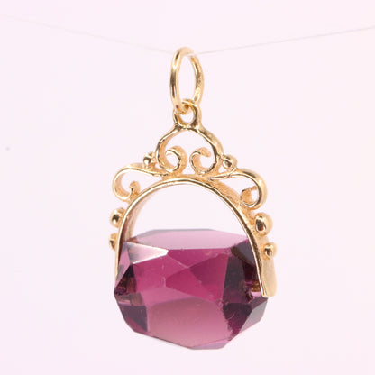 Vintage 9ct Yellow Gold Purple Glass Spinner Drop Fob Charm Pendant Gift