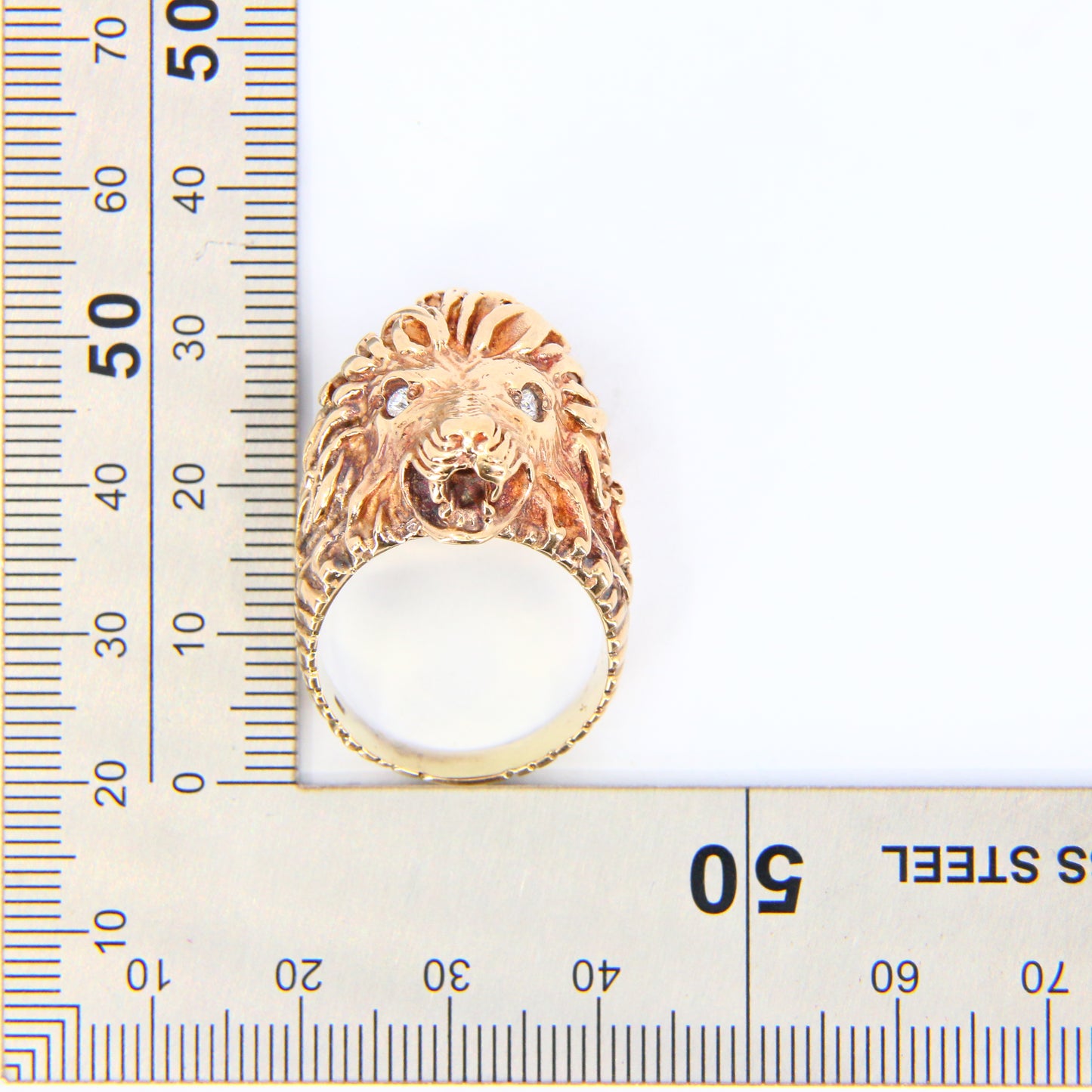 Vintage 9ct Gold Lion Head Ring Cubic Zirconia Eyes 9 Carat Yellow Gold UK Size T Boxed Gift