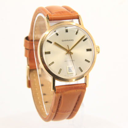 Vintage 9ct Gold Garrard London Automatic Gents Wristwatch Date Indicator Leather Strap