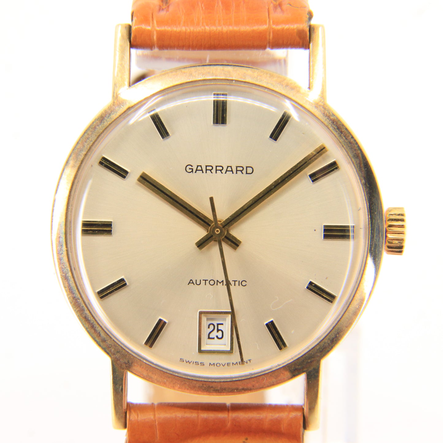 Vintage 9ct Gold Garrard London Automatic Gents Wristwatch Date Indicator Leather Strap