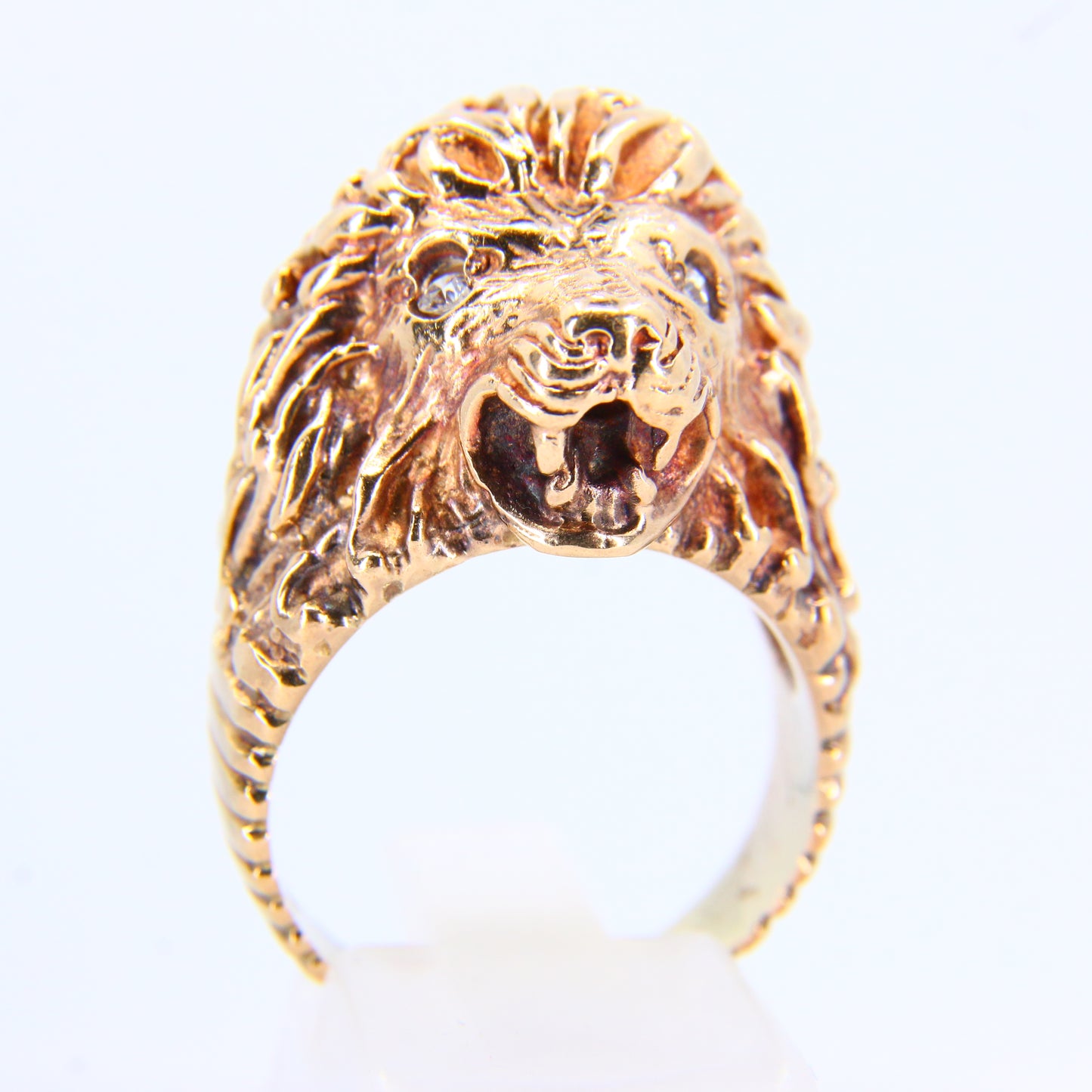 Vintage 9ct Gold Lion Head Ring Cubic Zirconia Eyes 9 Carat Yellow Gold UK Size T Boxed Gift