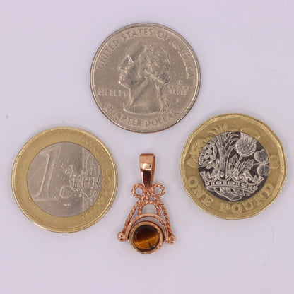 Vintage 9ct Hallmarked Gold Tiger Eye White Agate Spinner Pendant Fob Charm Gift