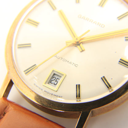 Vintage 9ct Gold Garrard London Automatic Gents Wristwatch Date Indicator Leather Strap