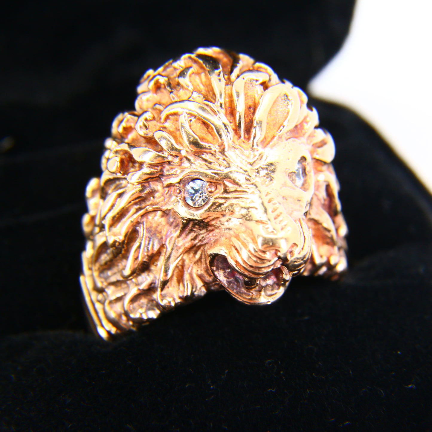 Vintage 9ct Gold Lion Head Ring Cubic Zirconia Eyes 9 Carat Yellow Gold UK Size T Boxed Gift