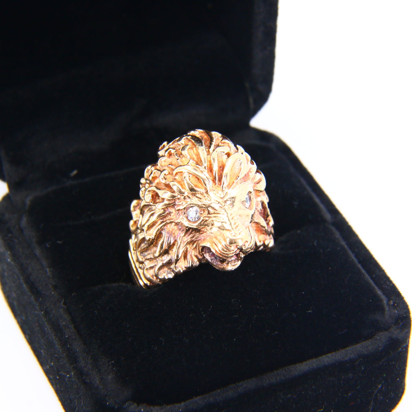 Vintage 9ct Gold Lion Head Ring Cubic Zirconia Eyes 9 Carat Yellow Gold UK Size T Boxed Gift