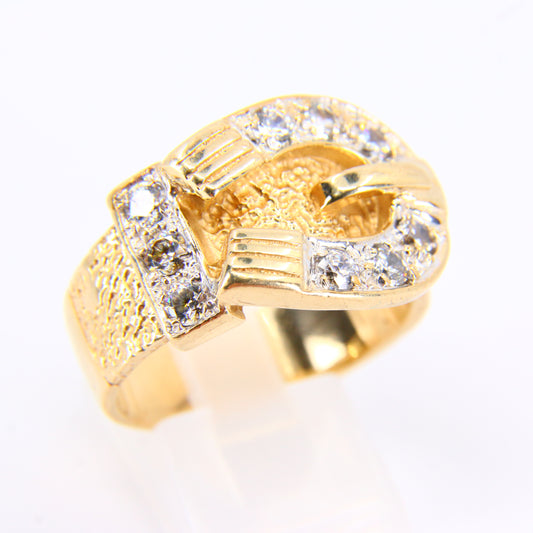 Vintage 9ct Gold Buckle Statement Ring CZ Hallmarked Yellow Gold UK Size X Boxed