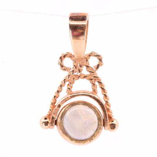 Vintage 9ct Hallmarked Gold Tiger Eye White Agate Spinner Pendant Fob Charm Gift