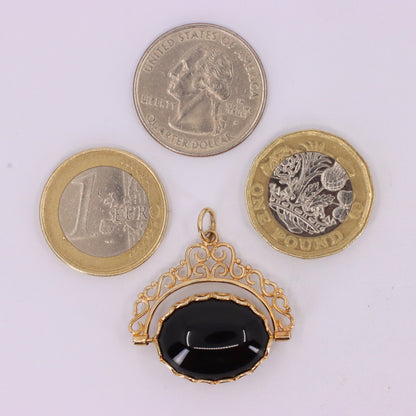 Vintage 9ct Hallmarked Yellow Gold Onyx Tiger Eye Spinner Pendant Fob Charm Gift