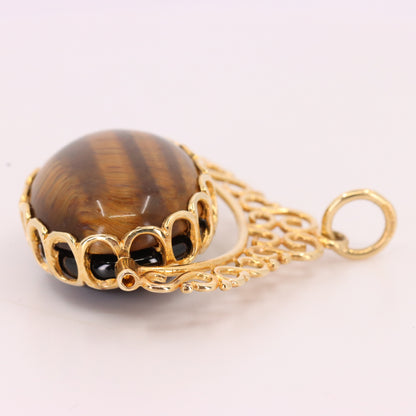 Vintage 9ct Hallmarked Yellow Gold Onyx Tiger Eye Spinner Pendant Fob Charm Gift