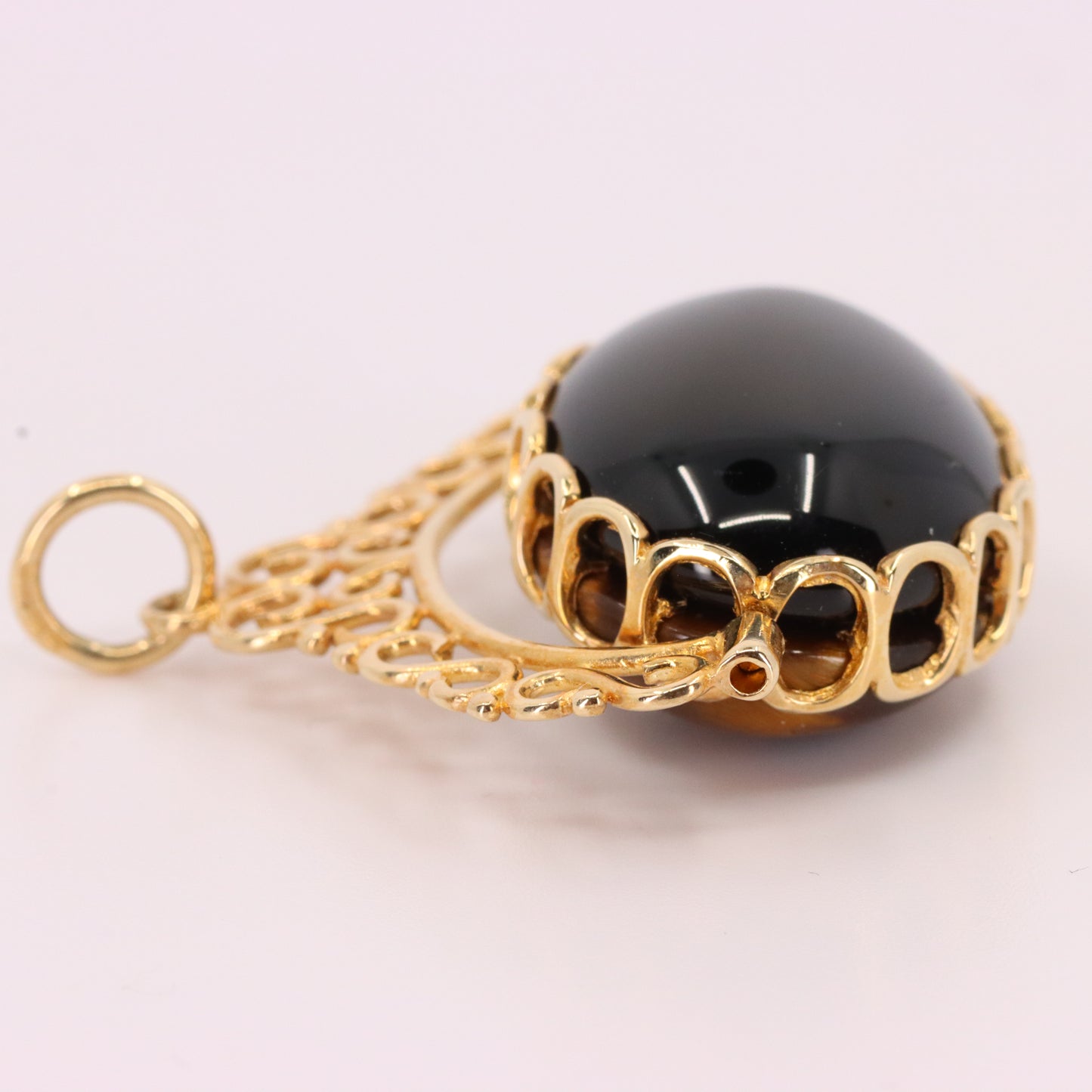 Vintage 9ct Hallmarked Yellow Gold Onyx Tiger Eye Spinner Pendant Fob Charm Gift