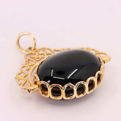 Vintage 9ct Hallmarked Yellow Gold Onyx Tiger Eye Spinner Pendant Fob Charm Gift