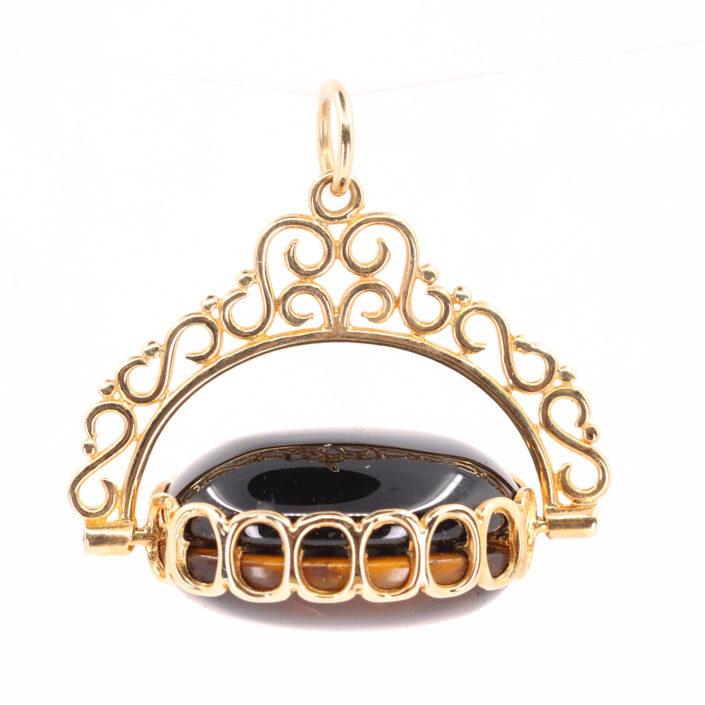 Vintage 9ct Hallmarked Yellow Gold Onyx Tiger Eye Spinner Pendant Fob Charm Gift